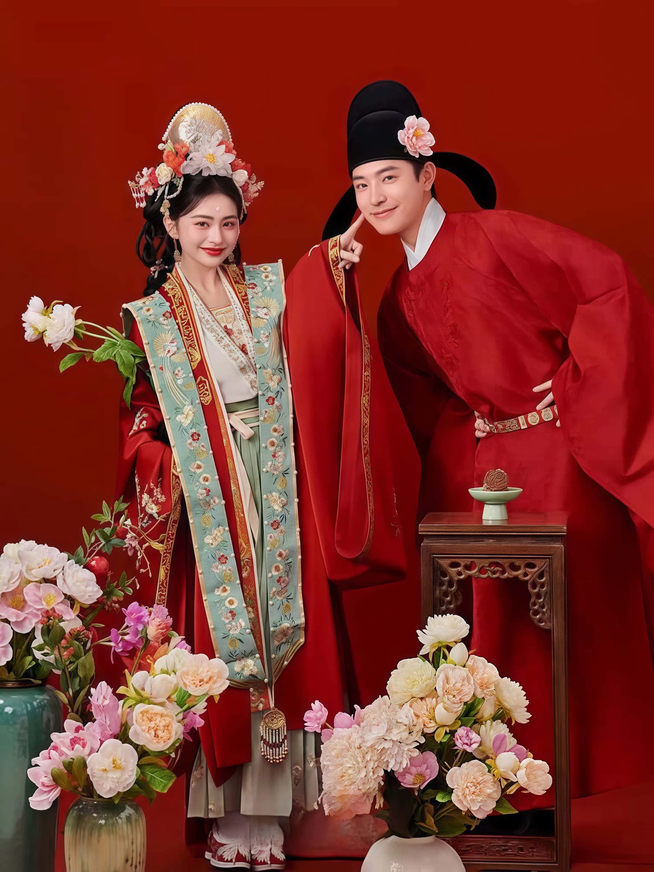 出租宋制婚服秀禾服新郎新娘中式嫁衣凤冠霞帔婚服夏季拍照写真