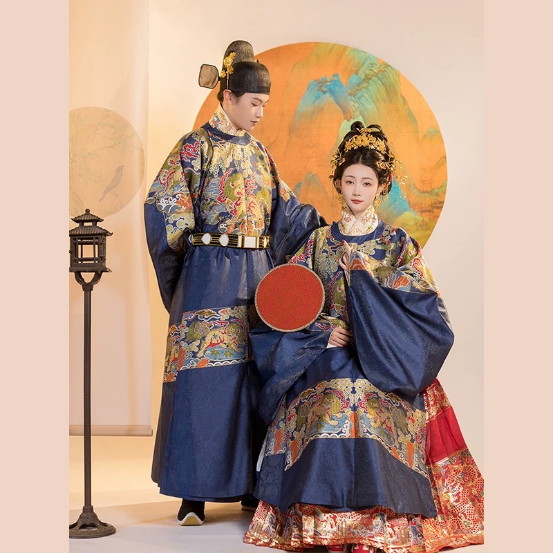 出租明制汉服狮子仿妆花圆领袍百花大衫男女婚服父母主持人婚礼