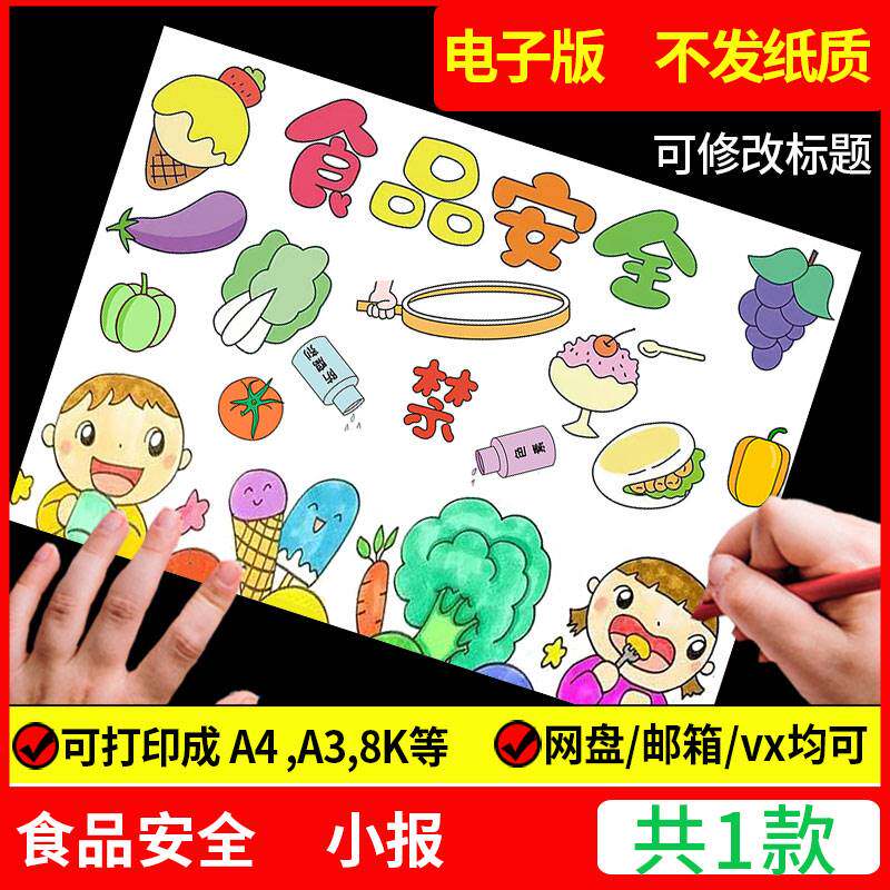 食品安全手抄报模板儿童画绘画健康饮食营养教育电子版小学生小报