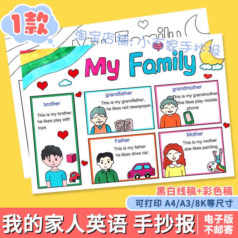英语手抄报模板my family我的家庭成员介绍三年级通用模板线稿a4