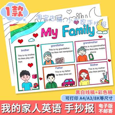 英语手抄报模板my family我的家庭成员介绍三年级通用模板线稿A4