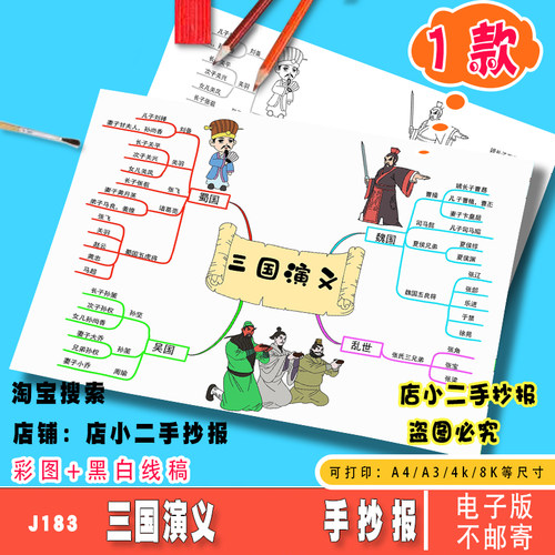 三国演义思维导图手抄报模板电子版四大名著好书推荐黑白线稿a3a4