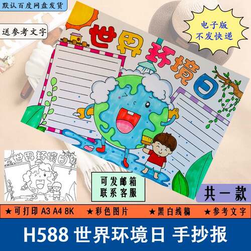 世界环境日手抄报模板电子版保护环境小报学生黑白线稿涂色A3A48K