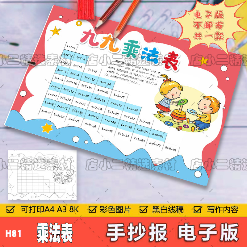 乘法口诀表手抄报模板电子版小学生数学九九乘法口诀表手抄报线稿