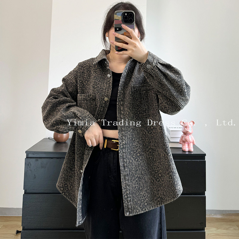 豹纹加绒重磅牛仔洗水衬衣型外套女时尚通勤新款复古百搭棉服大衣