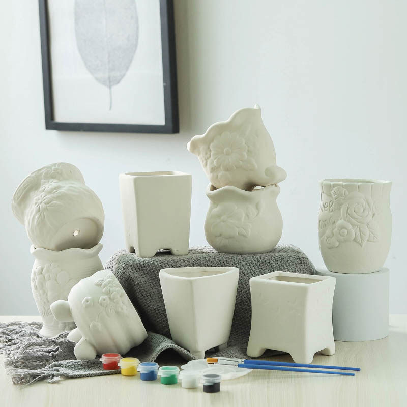 儿童陶艺涂鸦画陶瓷彩绘素坯白色花盆手工制作材料diy上色非石膏