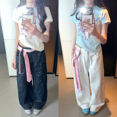 AMER 国潮美式复古领带钉珠闪钻做旧阔腿牛仔裤休闲百搭女 夏季