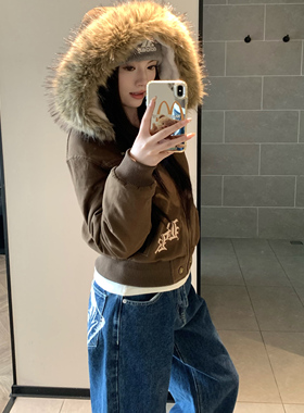 AMER 国潮美式复古字母小标大毛领设计棉服外套