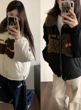 AMER 国潮冬季毛茸小狗夹克夹棉百搭休闲宽松棉服外套