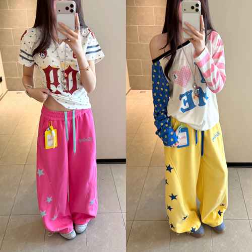 AMER 国潮美式复古星星印花大口袋阔腿夏季休闲卫裤女