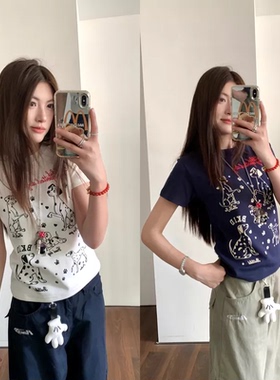 AMER 国潮美式复古斑点小狗可爱正肩百搭夏短袖T恤