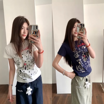 AMER 国潮美式复古斑点小狗可爱正肩百搭夏短袖T恤