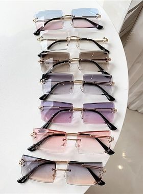2025欧美新款跨境方形无框切边金属太阳镜女士渐变色墨镜潮流眼镜