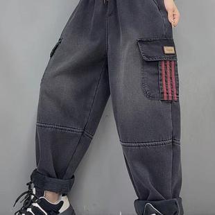 水洗保暖线条贴布口袋系带老爹裤 秋冬季 民族风牛仔哈伦裤 加绒大码