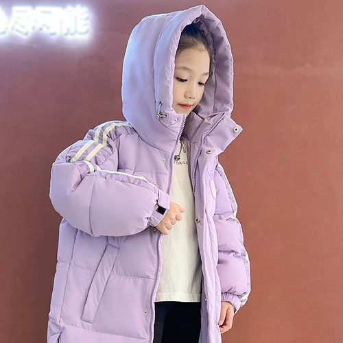 运动大衣中长款儿童羽绒服加厚白鸭绒保暖外套童装中长款女亲子装