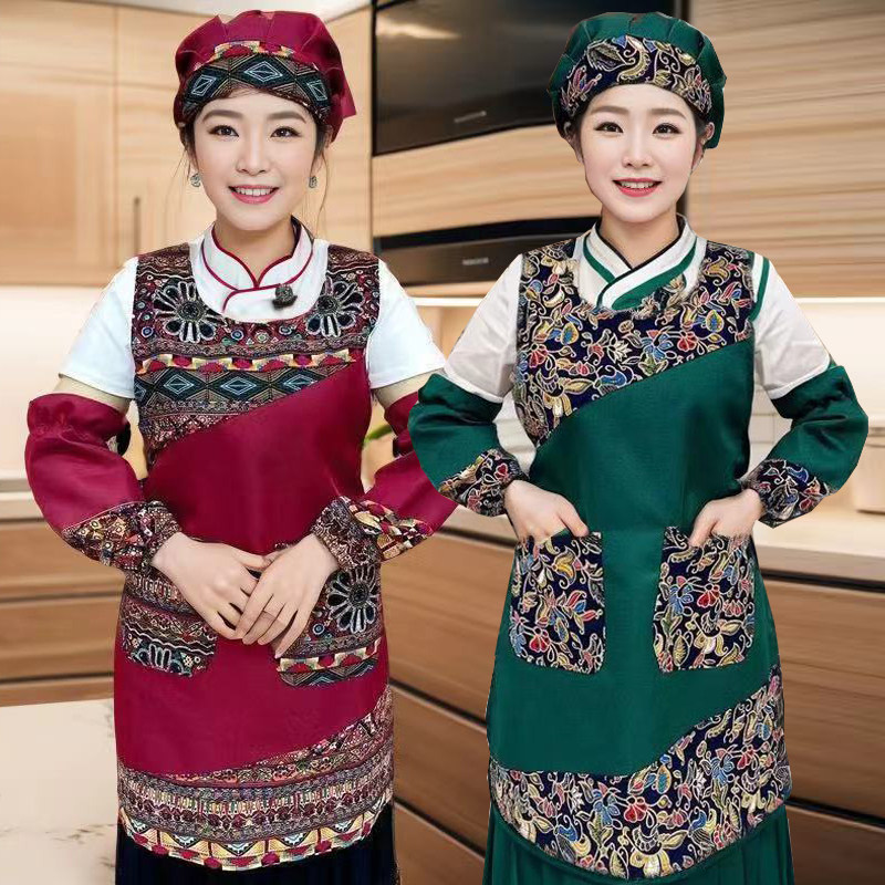 新款民族风双层围裙套装厨房家用围裙防油防污餐厅女士上班工作服