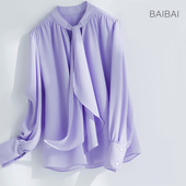 回馈 飘带雪纺衫 法式 宽松显瘦V领衬衫 女 优雅范灯笼袖 特价