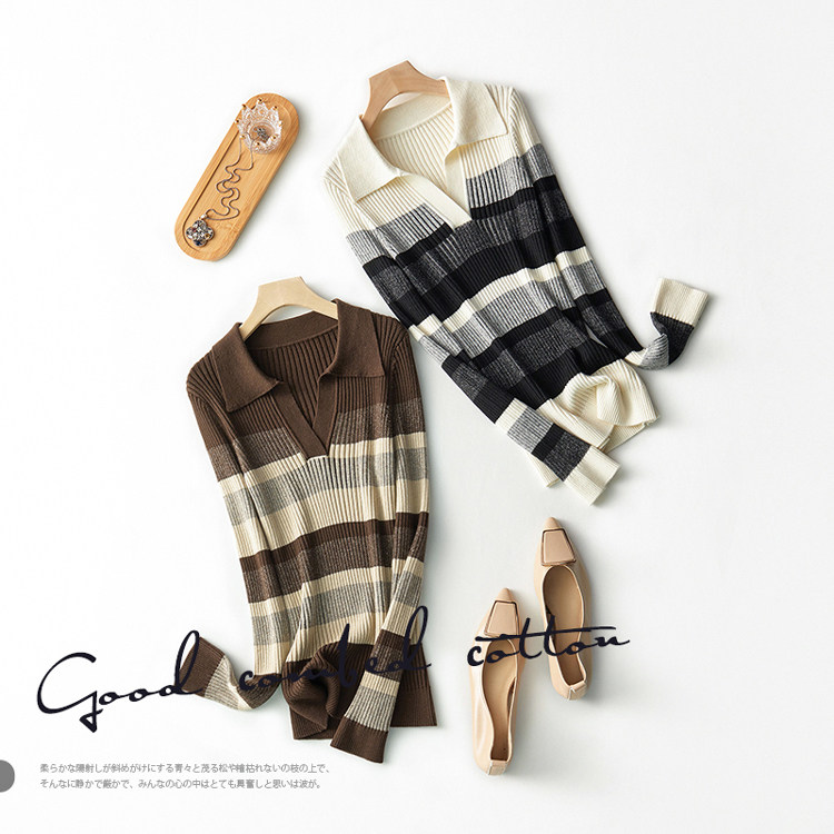 特价清仓 时髦气质撞色条纹翻领坑条显瘦羊毛长袖针织衫打底衫女,女装/女士精品,毛针织衫,淘宝优惠券,粉丝福利购,淘宝优惠卷