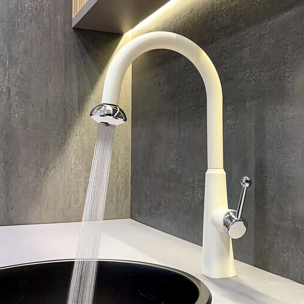 全铜奶白色厨房抽拉式水龙头伸缩洗菜盆水槽冷热阳台防溅家用龙头