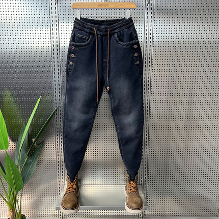 加绒加厚牛仔裤男冬季新款束脚痞帅纽扣时尚休闲百搭潮流哈伦裤,男装,牛仔裤,淘宝优惠券,粉丝福利购,淘宝优惠卷