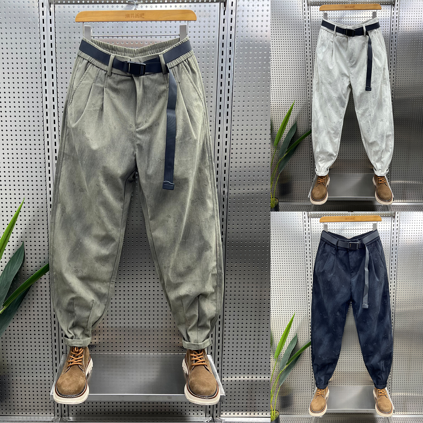 灯芯绒休闲裤子男2025秋冬新款潮流哈伦裤宽松腰带设计平绒萝卜裤