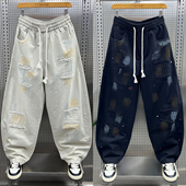 复古泼墨弯刀休闲裤 男2025秋季 新款 美式 潮牌破洞宽松直筒阔腿长裤