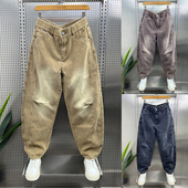男潮牌宽松直筒痞帅拼接休闲长裤 水洗复古做旧牛仔裤 新款 2026春季