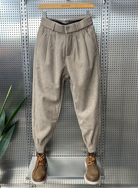 2025新款男裤秋冬灯芯绒加绒休闲裤拉链小脚宽松哈伦裤痞帅条绒裤