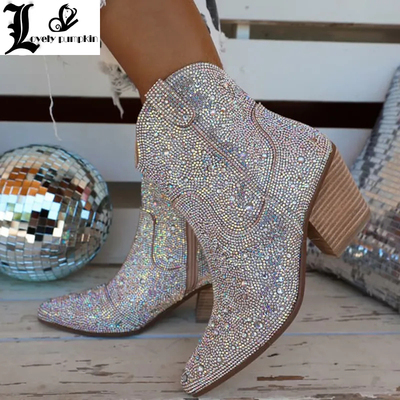 Pointed Toe Ankle Boots Silver Clear Rhinestone Glitter