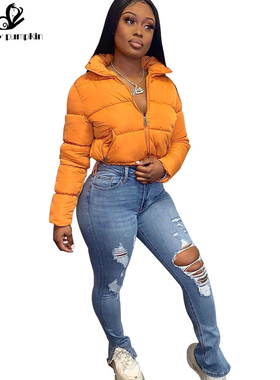 Winter Thick Warm Cropped Puffer Jacket Women Black PU Leath