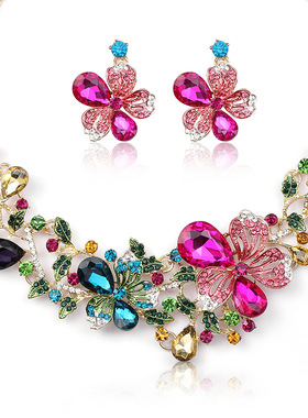 2025新款彩色花朵欧美项链套装女轻奢艳丽新娘项链画油宝石锁骨链