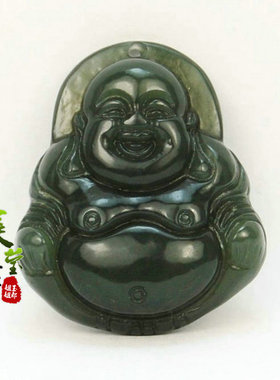 美莹玉器天然岫玉石和田深绿色老玉项吊坠挂件弥勒笑佛包邮QXF16