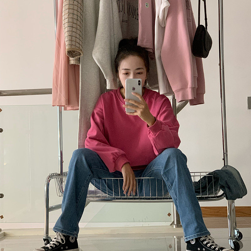 卫衣女2022秋季新款圆领纯色加绒加厚树莓色宽松套头cec长袖上衣