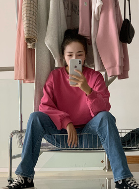 卫衣女2022秋季新款圆领纯色加绒加厚树莓色宽松套头cec长袖上衣