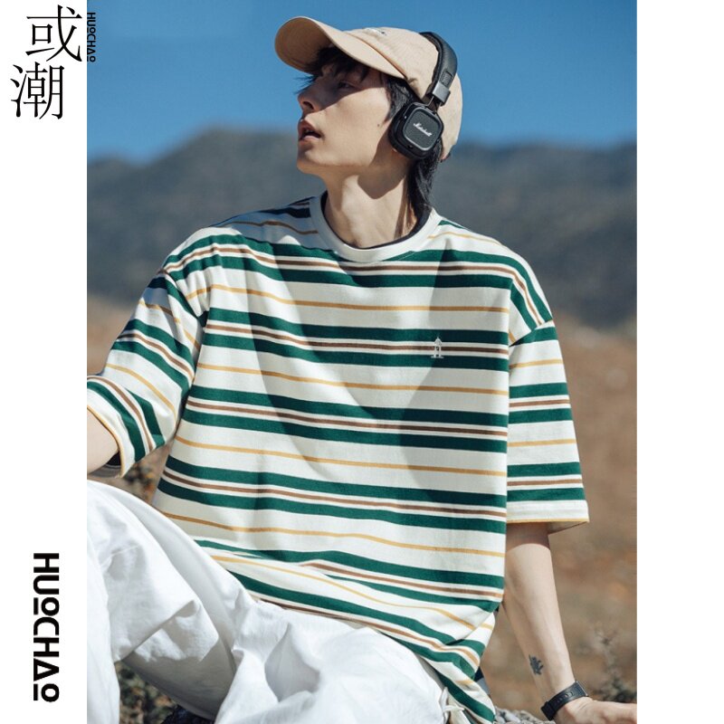 或潮撞色条纹短袖t恤男夏季上衣