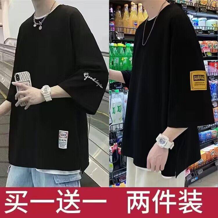 夏季潮牌七分袖t恤男宽松大码加肥重磅情侣短袖衣服潮流五分袖男