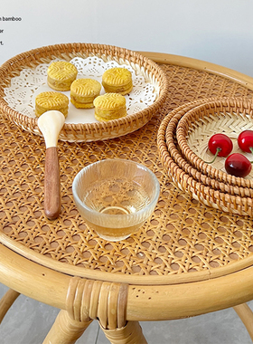 中式美学复古田园风竹藤手工圆形水果点心零食展示收纳篮禅意摆件