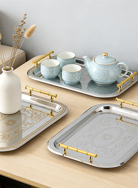 轻奢金属方形双柄茶具托盘摆件