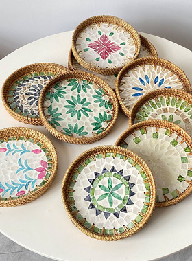 高级感藤条贝壳桌面玄关收纳托盘