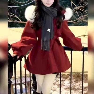 韩版呢空呢红色外套加厚战袍大衣