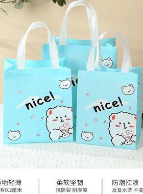 蓝色加厚覆膜无纺布手提袋NICE小熊外卖打包袋大号立体袋沙拉寿司