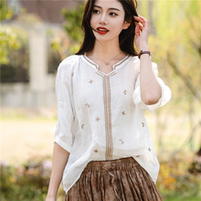 苎麻妈妈装2023夏装新款短袖亚麻衬衫女夏天棉麻高端上衣宽松大码