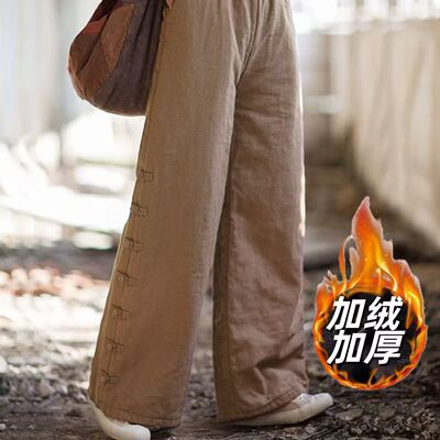 冬季加厚高腰直筒棉麻外穿长裤