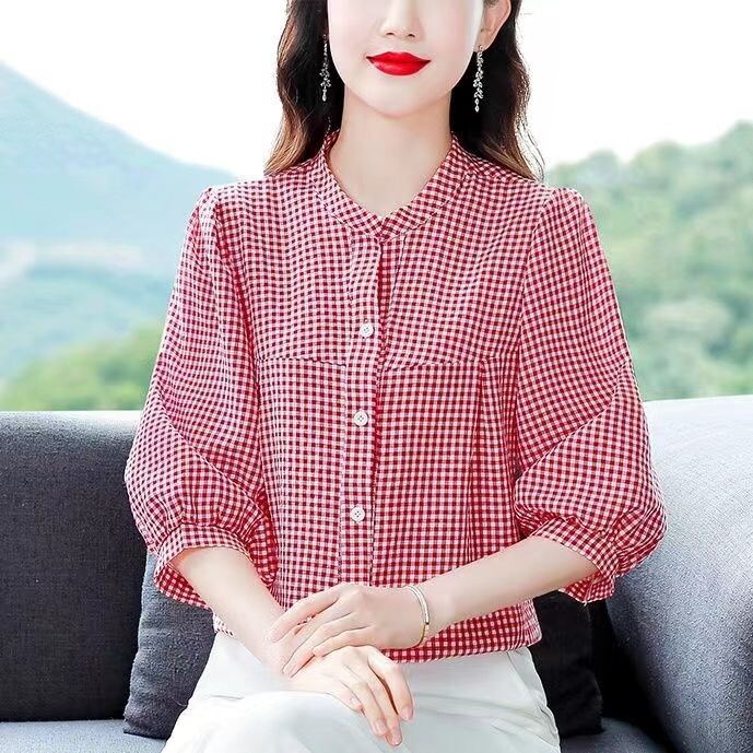 红色格子衬衫纯棉女短袖洋气减龄图片