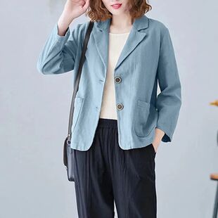 棉麻西装短外套女士2025秋季新款文艺大码宽松休闲长袖小西服上衣