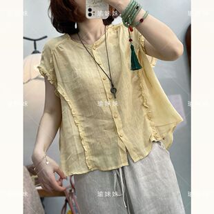 独特漂亮亚麻短袖衬衫女夏2026新款高端棉麻苎麻小衫减龄洋气上衣
