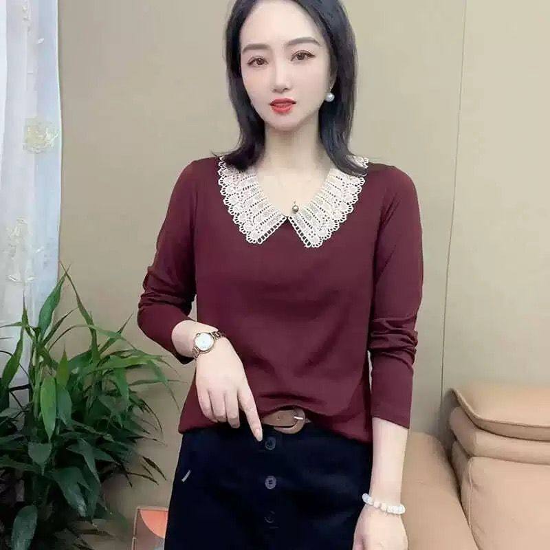 春秋大码洋气长袖T恤女新款百搭遮肚子显瘦花边娃娃领高档打底衫,女装/女士精品,T恤,淘宝优惠券,粉丝福利购,淘宝优惠卷