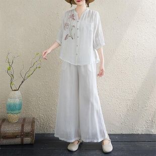 中年妈妈夏装洋气休闲棉麻女装套装女2026新款高端亚麻上衣两件套