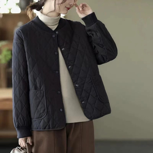 中年妈妈轻薄菱格夹棉外套潮 小棉袄女短款 2024秋冬季 新款 宽松时尚