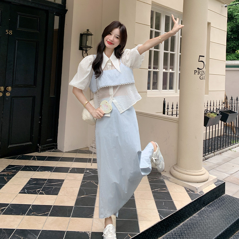 浅蓝色超好看衬衫套装裙女2025年夏季新款设计感气质半身裙两件套图片